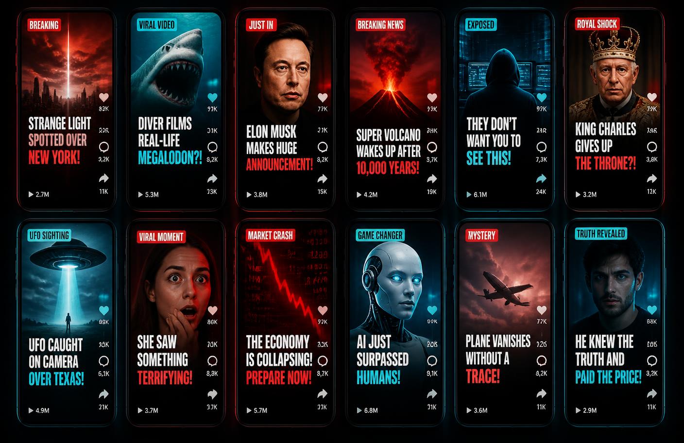 Grid of vertical short-form videos with bold breaking-news captions